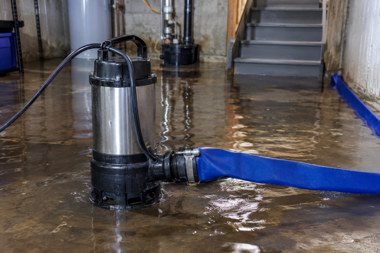 Professional water extraction equipment removing standing water from a flooded basement