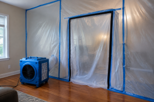 Plastic containment barrier and HEPA air scrubber set up for mold mitigation