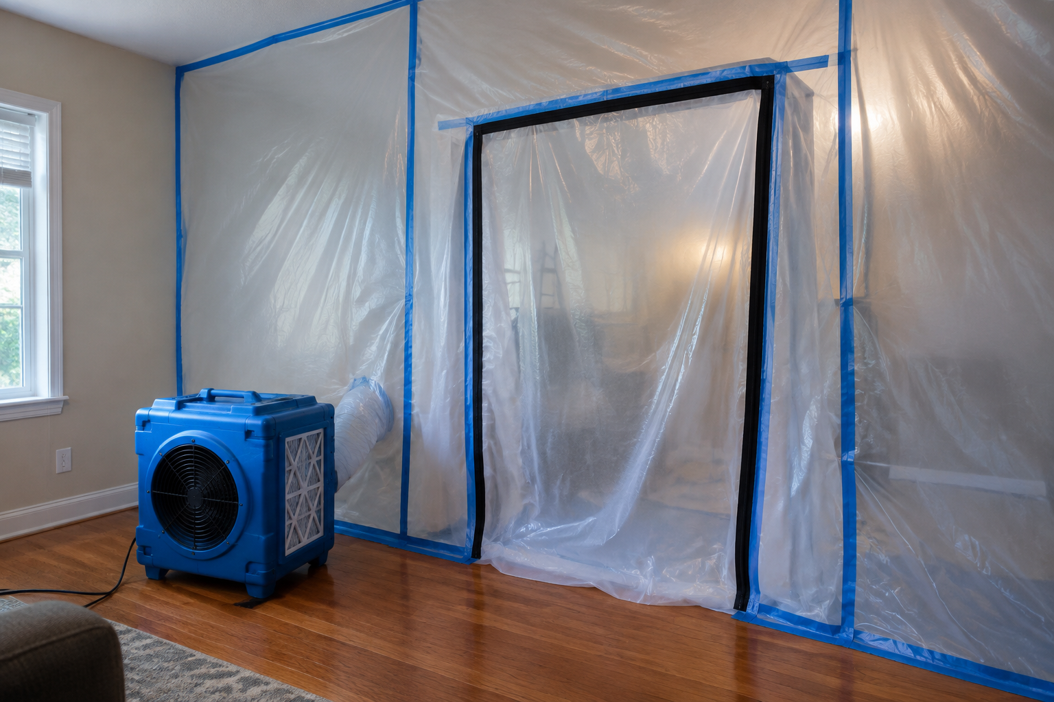 Plastic containment barrier and HEPA air scrubber set up for mold mitigation