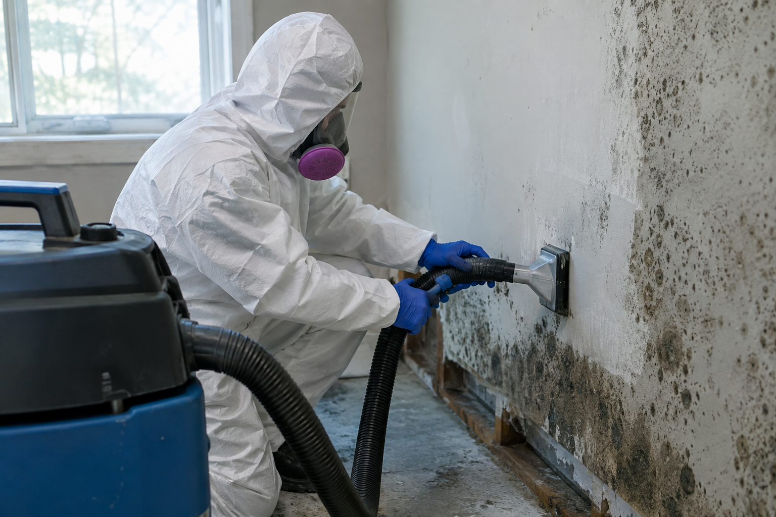 Professional mold removal technician cleaning drywall with protective equipment