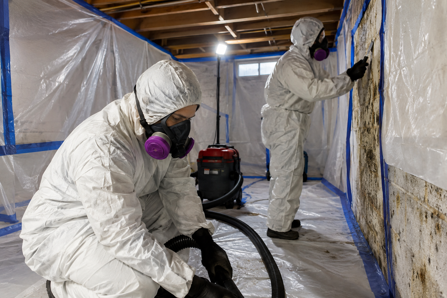 Certified mold remediation experts working together in a contained basement