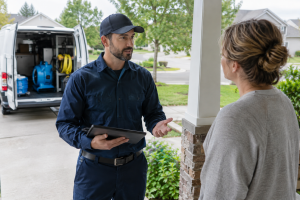 Mold remediation contractor speaking with a homeowner before starting a job