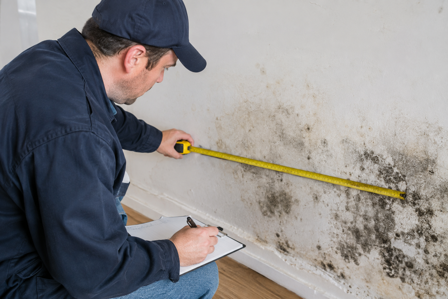 Technician measuring a mold-affected wall area to prepare a price estimate