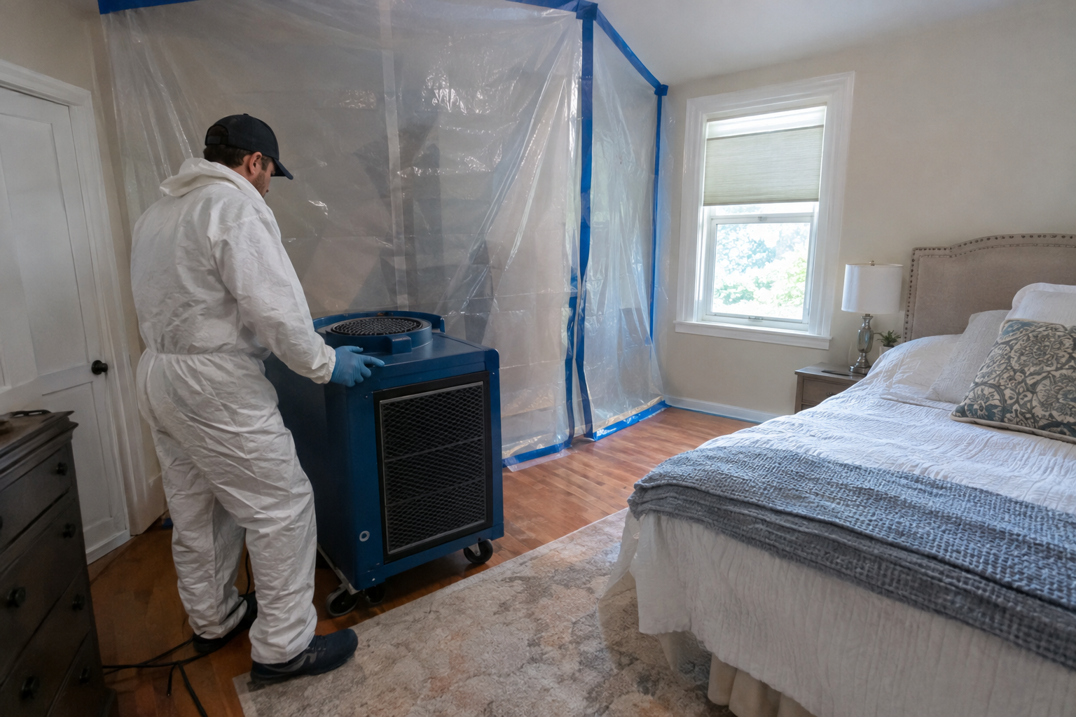 Technician setting up containment and a HEPA air scrubber to begin mold remediation