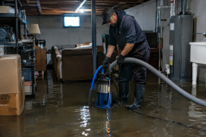 Technician extracting standing water from a flooded basement during cleanup