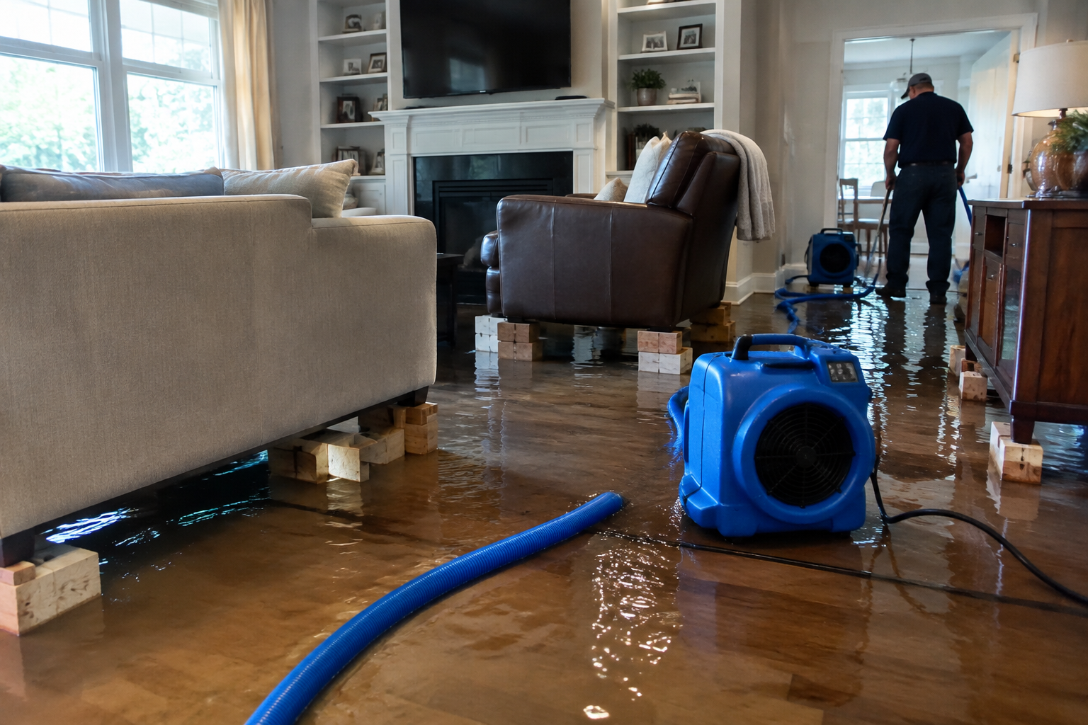 Emergency water removal in a flooded home with furniture lifted off the floor