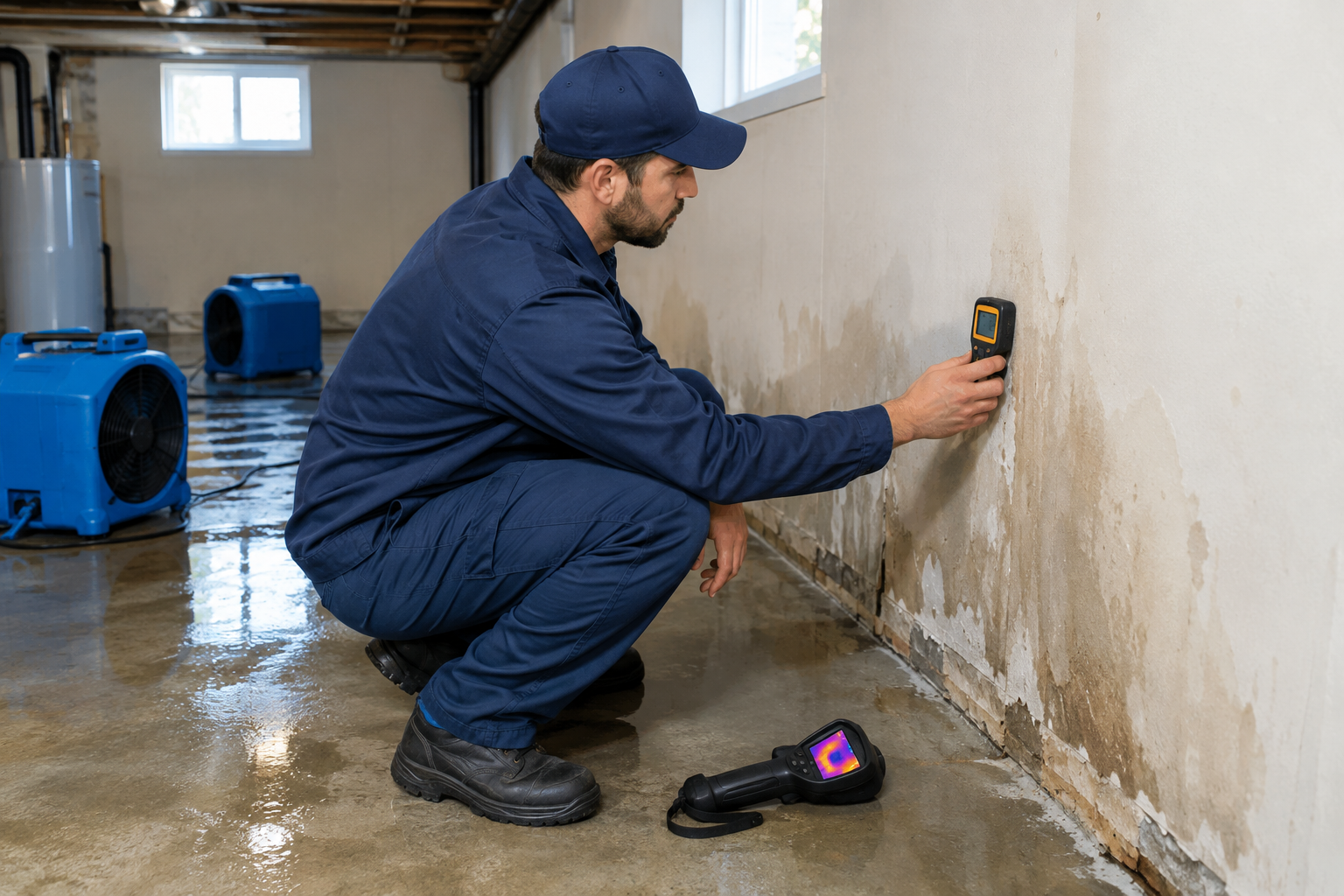Restoration technician using a moisture meter and thermal imaging to check for hidden water damage behind drywall