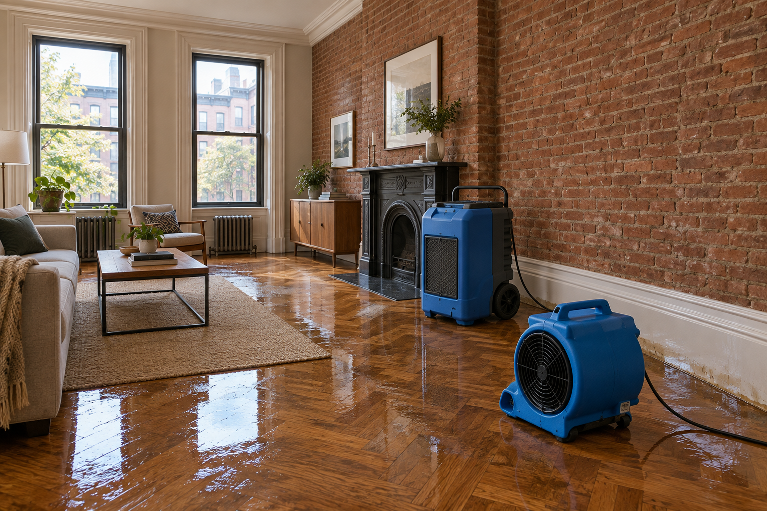 Water extraction equipment drying a flooded Brooklyn brownstone apartment with exposed brick and hardwood floors