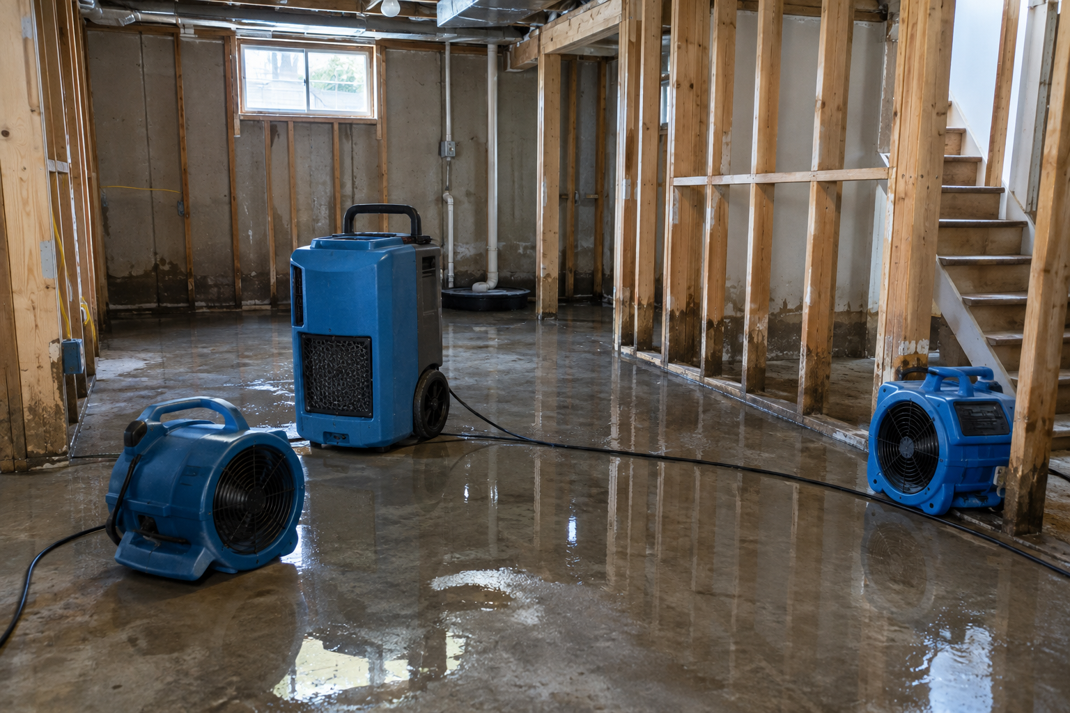 Dehumidifier and air movers drying a flooded basement with exposed framing in a Staten Island home