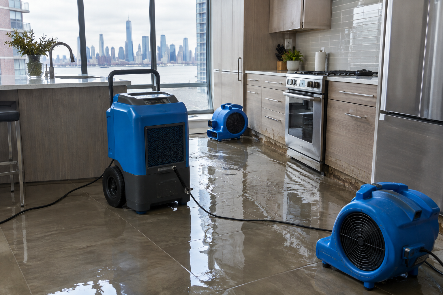 Dehumidifier and air mover drying a flooded kitchen in a Jersey City apartment with the Manhattan skyline in the background