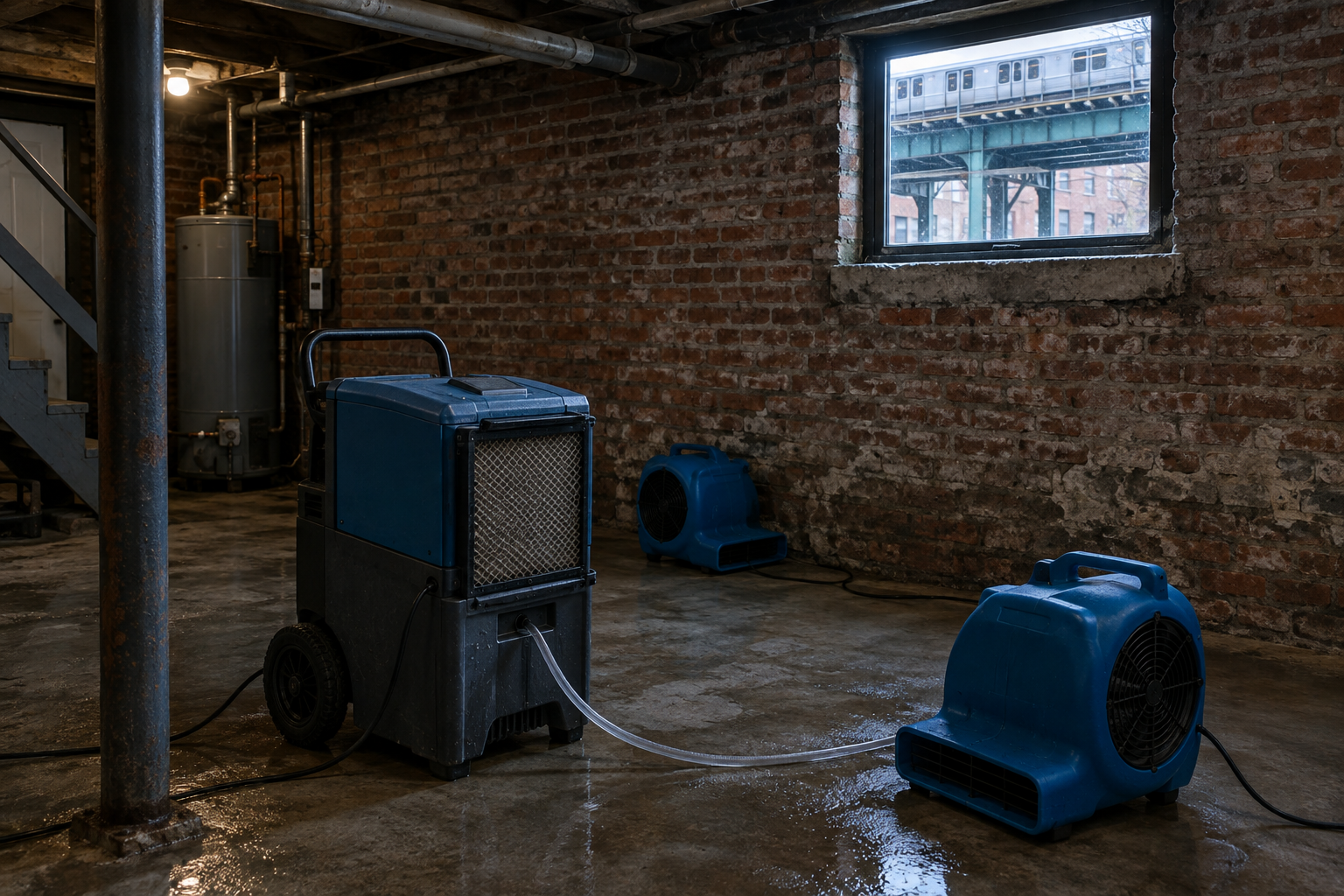 Dehumidifier and air movers drying a basement in a Queens, NY multi-family home near the elevated subway