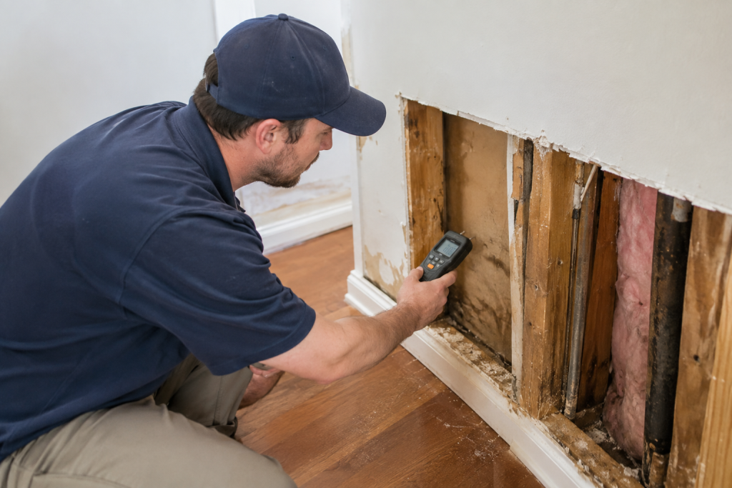 Water damage clean up: technician checking drywall with a moisture meter
