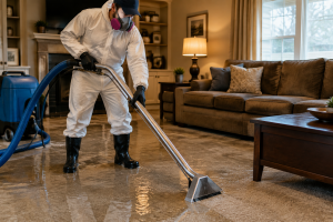 Water mitigation technician extracting standing water from a flooded living room