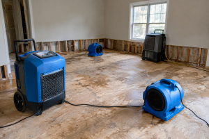 Industrial dehumidifiers and air movers drying a water-damaged room during mitigation
