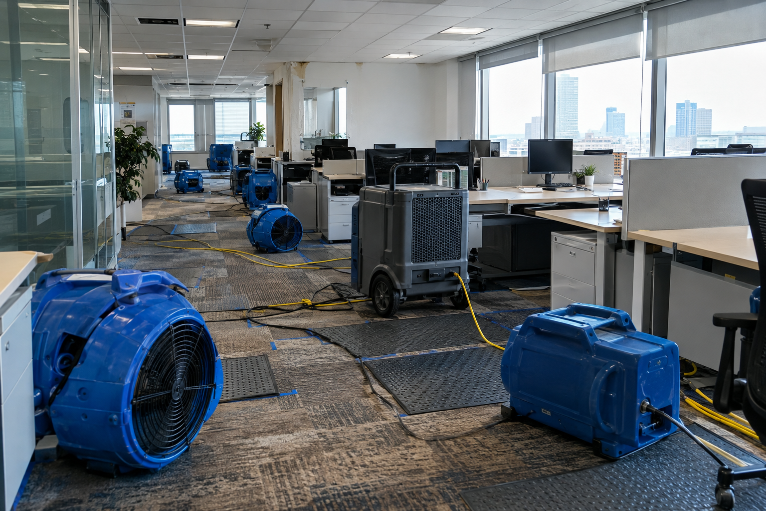 Commercial water damage restoration equipment drying an office space