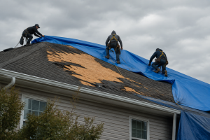 Storm damage restoration crew installing a tarp on a damaged roof