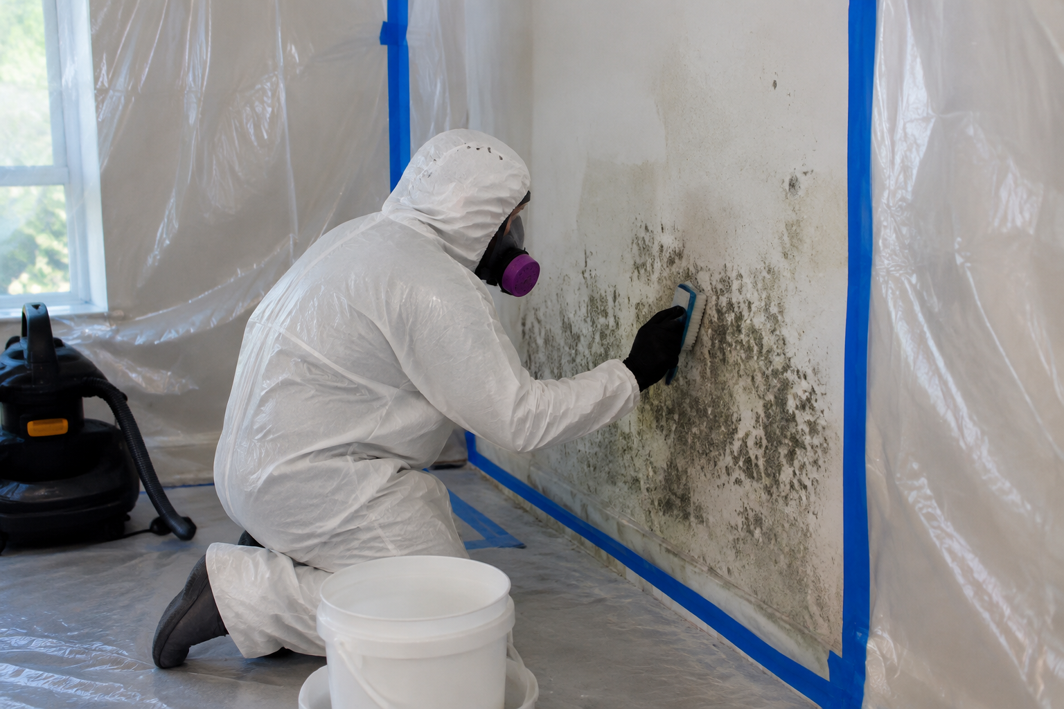 Mold remediation technician in protective suit working inside a contained room