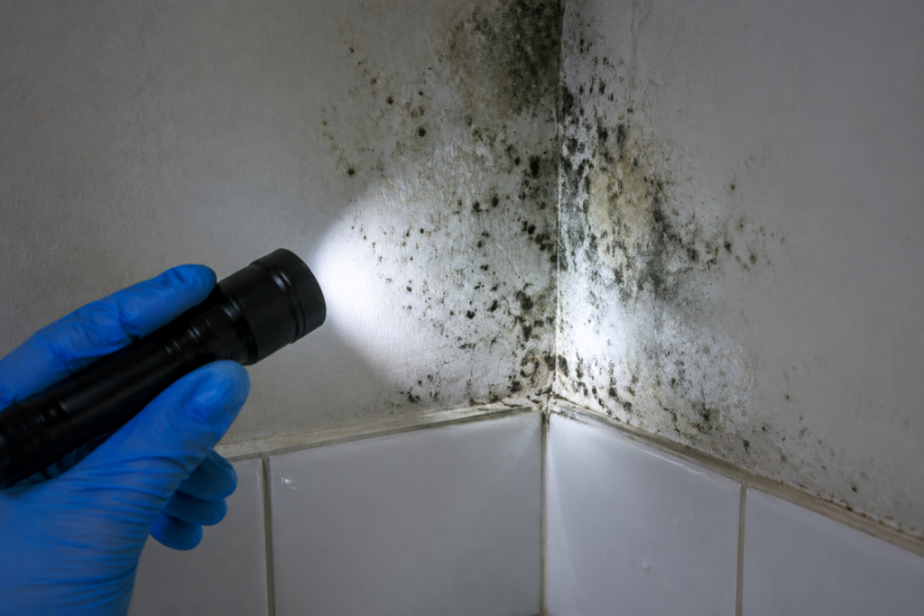 Inspecting mold growth in a bathroom wall corner with a flashlight
