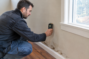Home inspector using a moisture meter to check a wall during a mold inspection